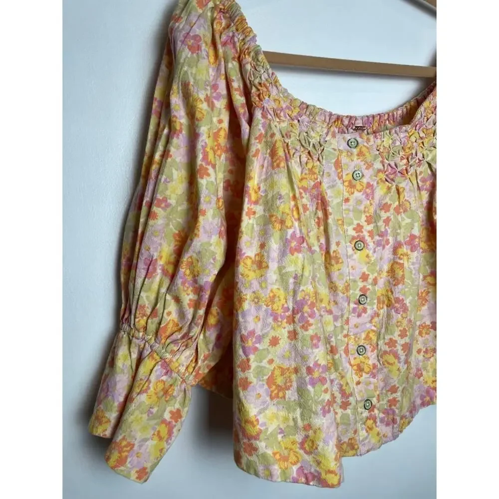 Free People Pastel Floral Off-Shoulder Button Front Top